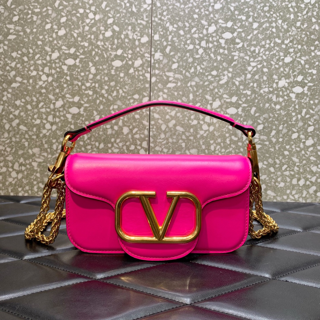 Valentino Garavani Loco Small Shoulder Bag in Rose Red Calfskin Leather